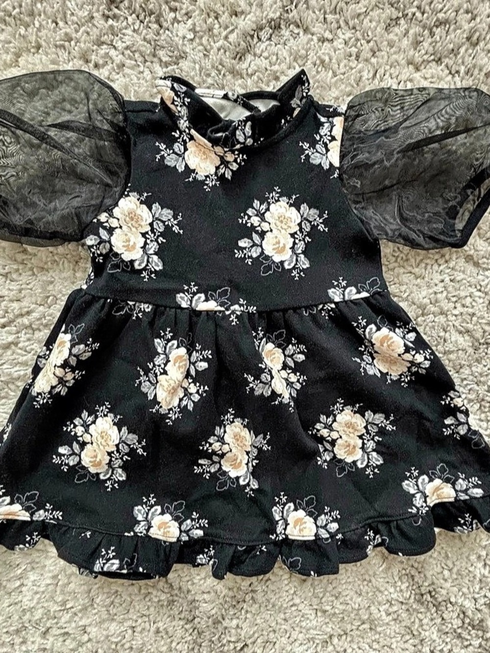 Janie and Jack Girls Black Floral Puff Sleeve Dress – 6–12 Months